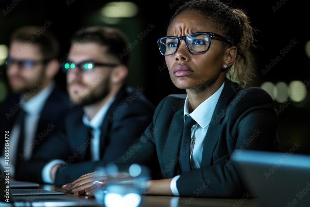 Fototapeta premium Focused african female professional at conference meeting in modern business setting