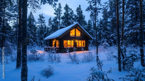 A cozy Christmas cabin in a snowy forest with warm light