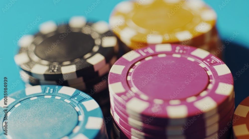 A stack of poker chips arranged neatly on a blue background, perfect for casino or game-themed designs A stack of poker chips arranged neatly on a blue background, perfect for casino or game-themed designs