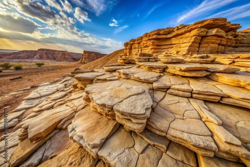 Desert landscape, layered sandstone formations, golden rock textures, dramatic sky, wide-angle view, eroded geological features, rugged terrain, vivid colors, arid environment, natural patterns, sceni photo