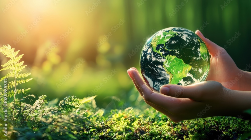 Hands holding a glass globe in a green forest, symbolizing environmental awareness and nature. Hands holding a glass globe in a green forest, symbolizing environmental awareness and nature.