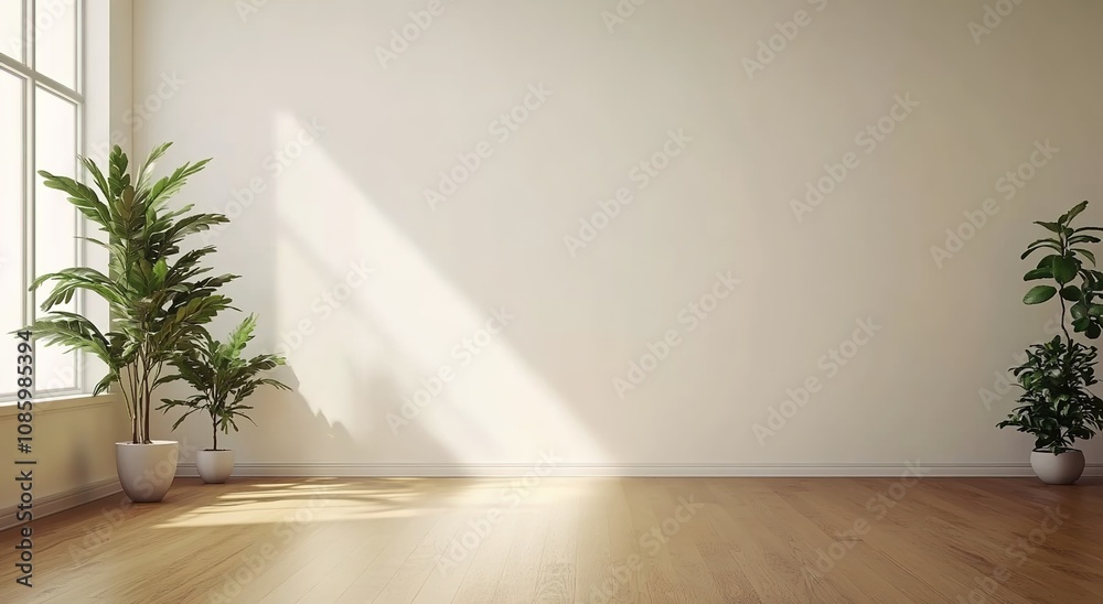 Fototapeta premium A white wall in an empty room with a wooden floor and plants