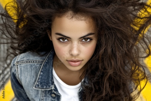 African female teen with curly hair wearing denim jacket photo