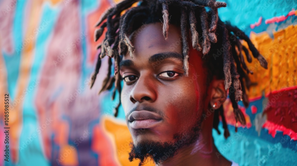 A person with dreadlocks posing in front of a vibrant, artistic background A person with dreadlocks posing in front of a vibrant, artistic background