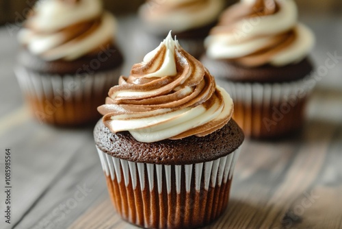 A close-up shot of colorful cupcakes with creamy frosting on a table photo