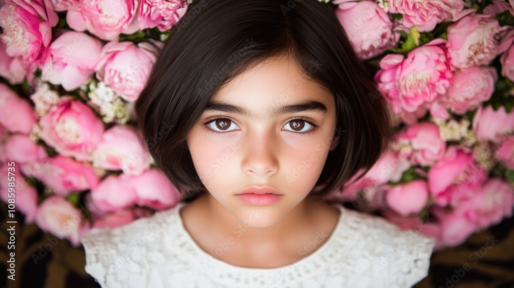 Young caucasian girl with brown hair surrounded by pink flowers Young caucasian girl with brown hair surrounded by pink flowers
