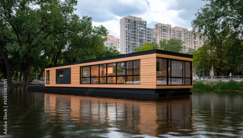 3D Rendering of a Modern Tiny House on the Water with Wooden Cladding Surrounded by Green Trees and a City Background 3D Rendering of a Modern Tiny House on the Water with Wooden Cladding Surrounded by Green Trees and a City Background