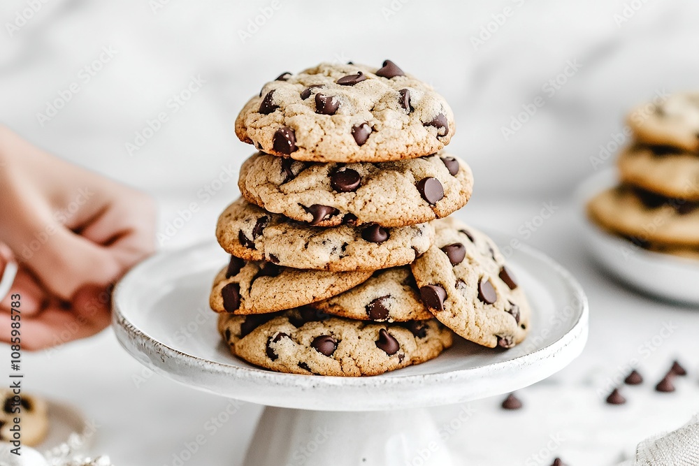Stack of chocolate chip cookies on white background.