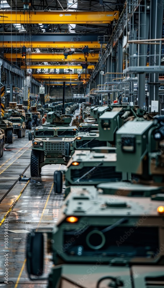Fototapeta premium Military vehicles in factory showcasing strength and operational readiness in realistic setting