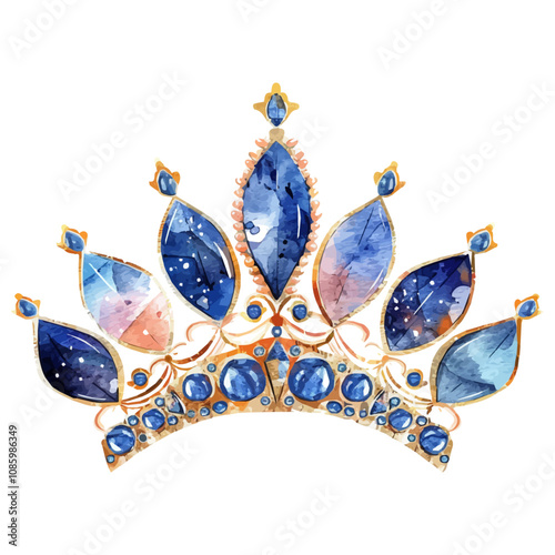 A watercolor vector of a sparkling New Year's tiara, adorned with shimmering gems and glitter, isolated on a white background. Sparkling New Year's tiara vector.
