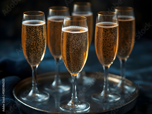 Six glasses of sparkling rose wine on a silver tray. photo