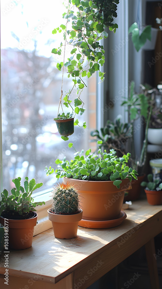 Sunlight streams through a windowsill overflowing with potted plants. Various succulents and hanging greenery thrive in warm light. Sunlight streams through a windowsill overflowing with potted plants. Various succulents and hanging greenery thrive in warm light.