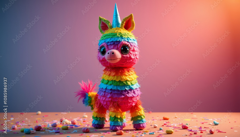 Cute piñata shaped like a unicorn, brightly colored and displayed on a festive background with copy space Cute piñata shaped like a unicorn, brightly colored and displayed on a festive background with copy space