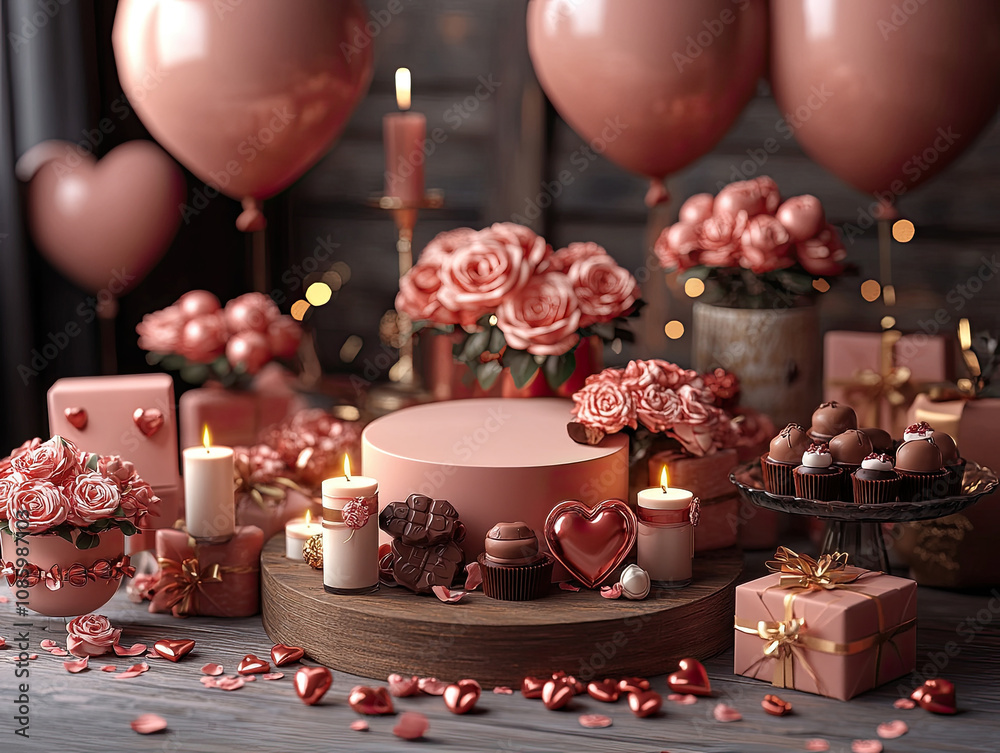 Central empty 3D podium surrounded by Valentine Day-themed jewelry, such as heart-shaped pendants and love knot rings. The background includes romantic lighting and decor. Color Scheme Ruby red and pa Central empty 3D podium surrounded by Valentine Day-themed jewelry, such as heart-shaped pendants and love knot rings. The background includes romantic lighting and decor. Color Scheme Ruby red and pa