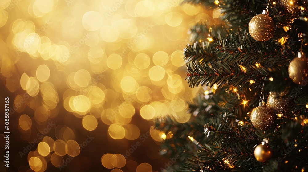 Christmas tree background with gold blurred light, creating a festive and elegant effect. Christmas tree background with gold blurred light, creating a festive and elegant effect.