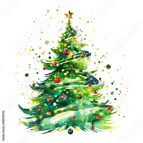 A watercolor of a spiral Christmas tree, decorated with colorful lights and ornaments, isolated on a white background. Spiral Christmas tree vector.