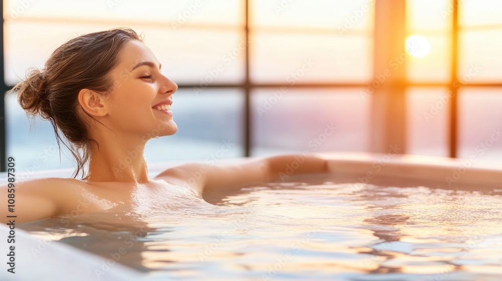 Relaxed young caucasian female enjoying soothing hot tub bath at sunset Relaxed young caucasian female enjoying soothing hot tub bath at sunset