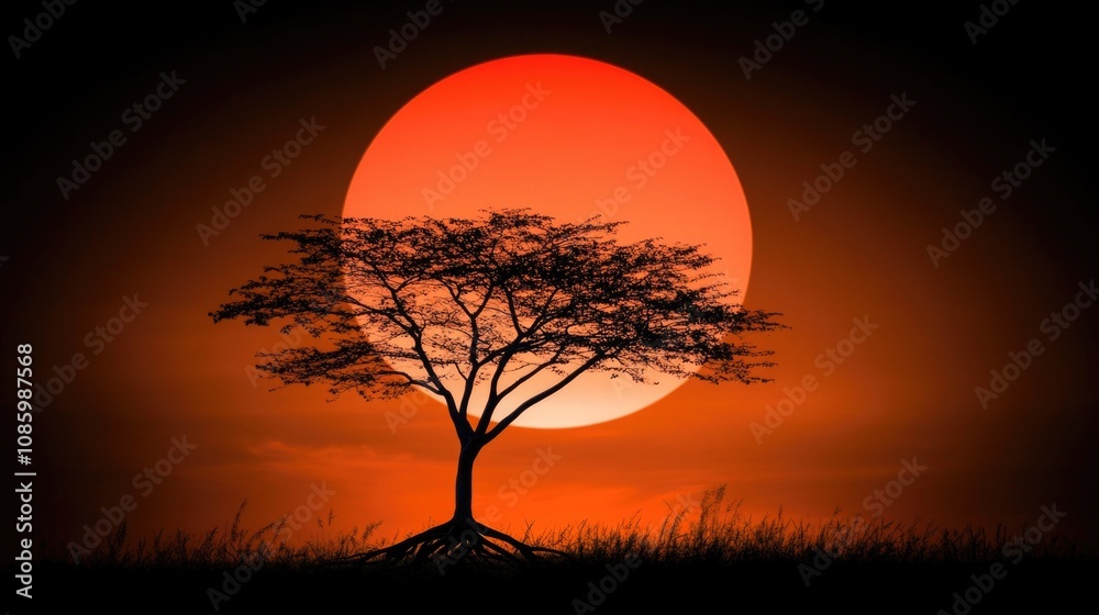 Silhouette of tree against vibrant red sunset in serene landscape Silhouette of tree against vibrant red sunset in serene landscape