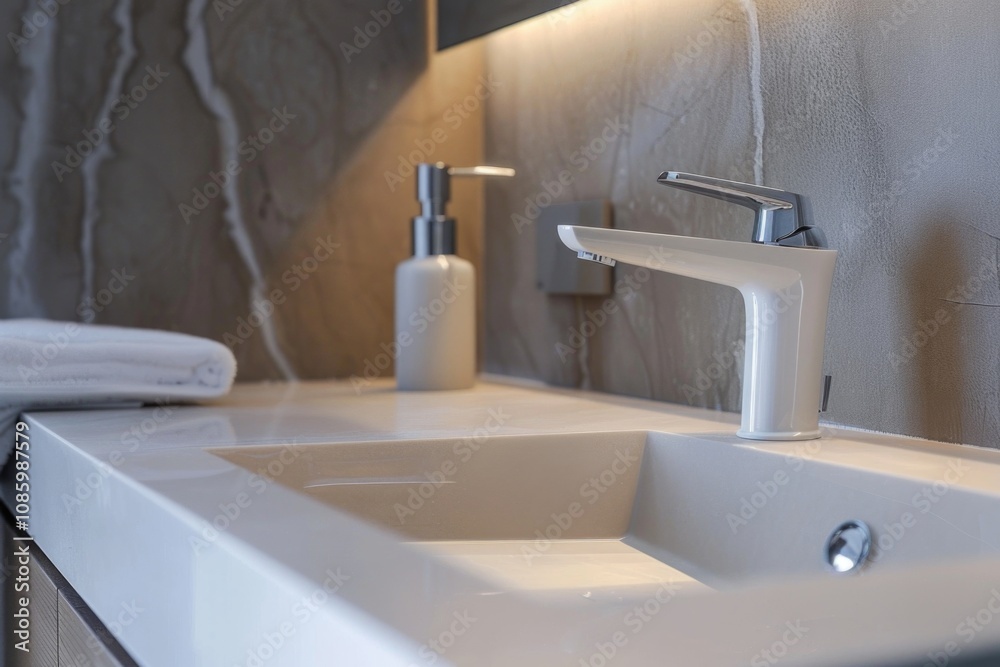 A standard bathroom sink with a soap dispenser next to it, suitable for use in interior design or lifestyle photography A standard bathroom sink with a soap dispenser next to it, suitable for use in interior design or lifestyle photography