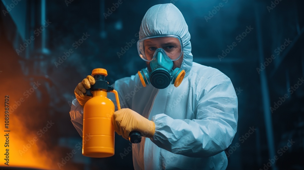 Naklejka premium Dressed in a white protective suit and safety goggles, a worker carefully sprays a liquid from a yellow canister in an industrial setting with blue and orange lighting at night