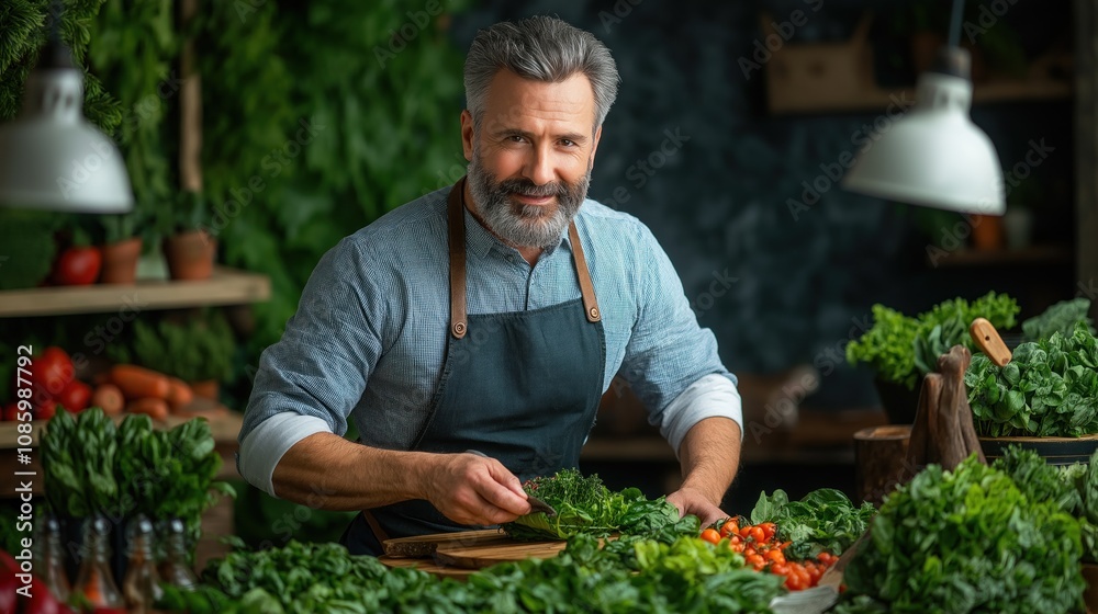 older man in an apron smiles while chopping fresh greens at a bustling market filled with colorful vegetables. He is surrounded by a variety of produce in a warm, inviting atmosphere older man in an apron smiles while chopping fresh greens at a bustling market filled with colorful vegetables. He is surrounded by a variety of produce in a warm, inviting atmosphere