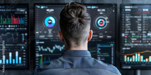 A modern creative professional sitting at a sleek, high-tech desk in a dimly lit studio, surrounded by multiple ultra-wide monitors displaying vibrant design elements and editing timelines. The worksp photo