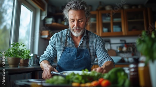 In a cozy kitchen filled with natural light, a man skillfully arranges a variety of fresh vegetables on a plate, enjoying the art of cooking before dinner time