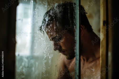 A shirtless man stands in front of a window with a calm expression