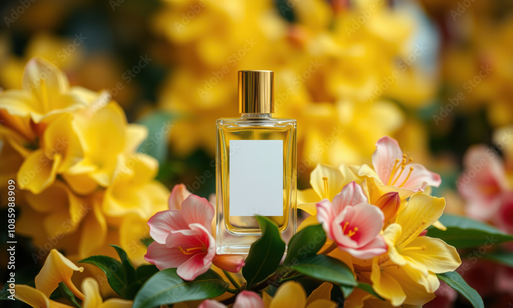 blank perfume bottle surrounded by vibrant yellow and pink flowers, creating fresh and inviting atmosphere. Perfect for beauty and fragrance themes blank perfume bottle surrounded by vibrant yellow and pink flowers, creating fresh and inviting atmosphere. Perfect for beauty and fragrance themes