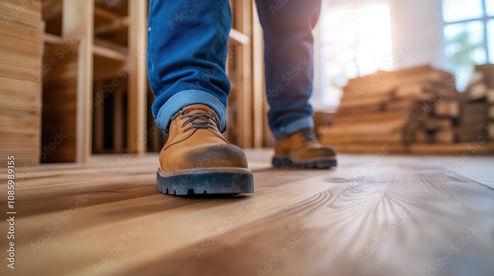 person wearing sturdy work boots walks carefully across a newly finished wooden floor in a sunlit workshop filled with lumber, showcasing craftsmanship and attention to detail person wearing sturdy work boots walks carefully across a newly finished wooden floor in a sunlit workshop filled with lumber, showcasing craftsmanship and attention to detail