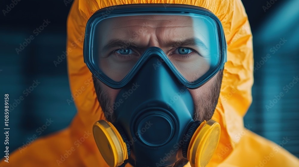 A health worker, dressed in a bright yellow protective suit and gas mask, prepares to address a potential hazardous material situation, ensuring safety at all times A health worker, dressed in a bright yellow protective suit and gas mask, prepares to address a potential hazardous material situation, ensuring safety at all times