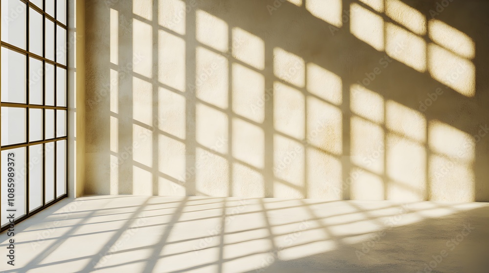 Bright Modern Interior with Sunlight Streaming Through Large Windows, Creating Intricate Shadow Patterns on the Floor and Walls in a Stylish Space Bright Modern Interior with Sunlight Streaming Through Large Windows, Creating Intricate Shadow Patterns on the Floor and Walls in a Stylish Space