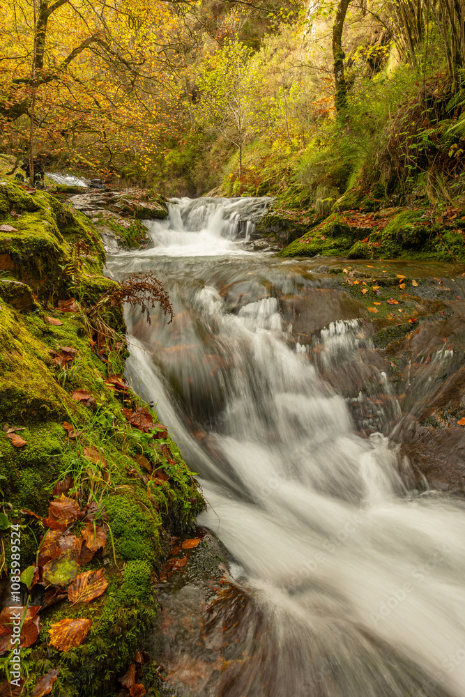 Infierno River waterfalls in autumn, on the Pexanca route, Infiesto, Asturias, Spain Infierno River waterfalls in autumn, on the Pexanca route, Infiesto, Asturias, Spain