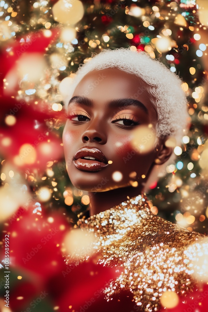 surreal Christmas scene black model with very white hair, gold sequin dress, poinsettia flowers, golden flying confetti surreal Christmas scene black model with very white hair, gold sequin dress, poinsettia flowers, golden flying confetti