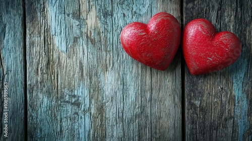 Valentine s Day background with two red hearts on a wooden background, symbolizing love and affection. photo