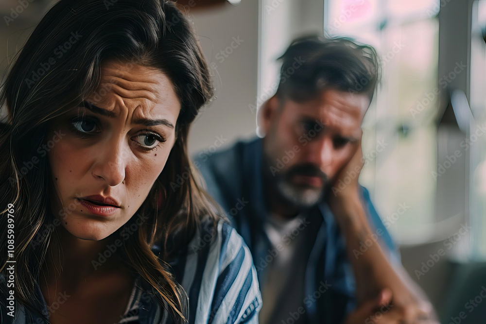 Upset Woman with Concerned Man in Background During Emotional Conversation at Home Upset Woman with Concerned Man in Background During Emotional Conversation at Home