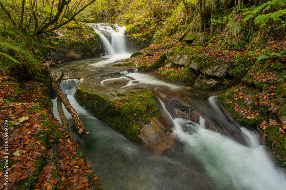 Infierno River waterfalls in autumn, on the Pexanca route, Infiesto, Asturias, Spain Infierno River waterfalls in autumn, on the Pexanca route, Infiesto, Asturias, Spain