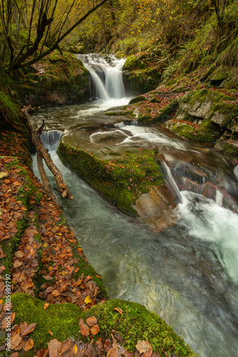 Infierno River waterfalls in autumn, on the Pexanca route, Infiesto, Asturias, Spain photo