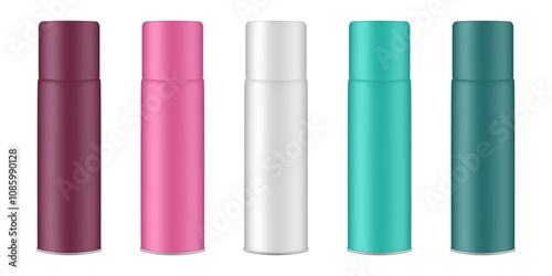 Set of brown, pink, white, teal and green cosmetic spray bottles. Korean packaging. Mist, hair spray, air freshener container. Mockup of aerosol