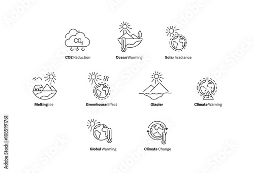 Global Environmental Change Icons. Featuring solar irradiance, climate change, melting ice, greenhouse effects, and CO2 reduction, this set is perfect for climate awareness and sustainability visuals.