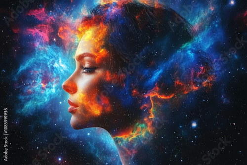 A mesmerizing double exposure portrait where a woman's face blends with a swirling space nebula. Stars and galaxies create an ethereal, mystical connection to the universe photo