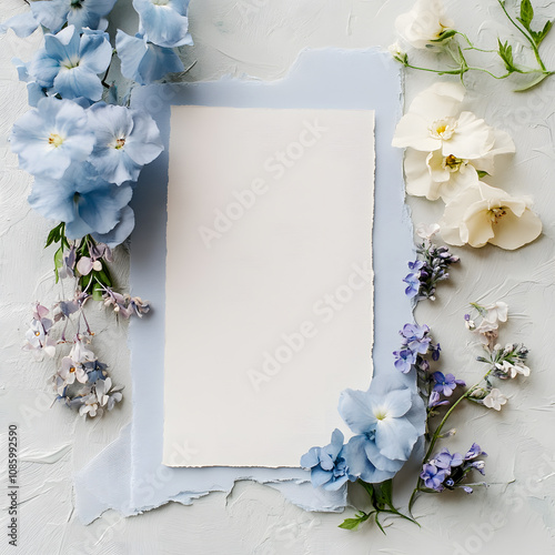 handmade invitation mockup, paper with luxury blue flowers and lilac, neutral silk on vintage white background