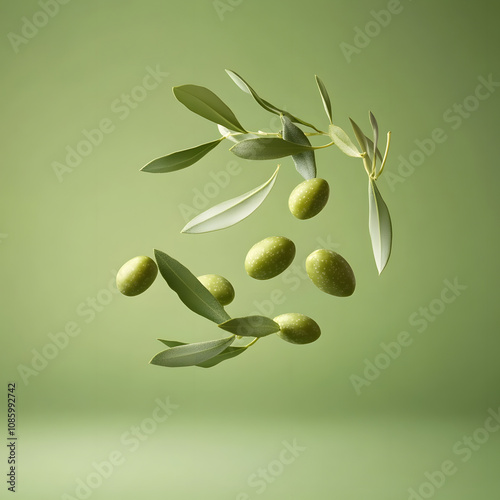 flying olive on green empty background
