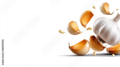 A photostock of fresh garlic cloves, peeled and whole, scattered on isolated on transparent PNG background, High Quality.