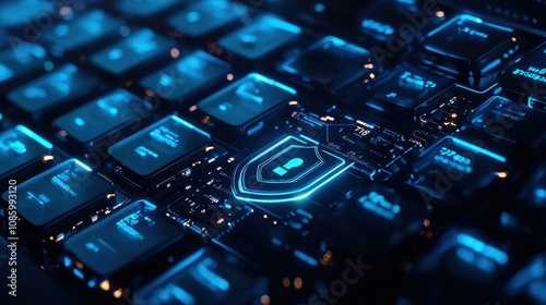 Press enter button on a keyboard, with a shield cyber key lock security system abstract technology world digital link on a hi-tech dark blue background photo