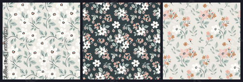 Seamless floral pattern, delicate ditsy print, abstract flower ornament in pastel colors. Romantic botanical design of hand drawn decorative plants, small wild flowers, leaves. Vector illustration.