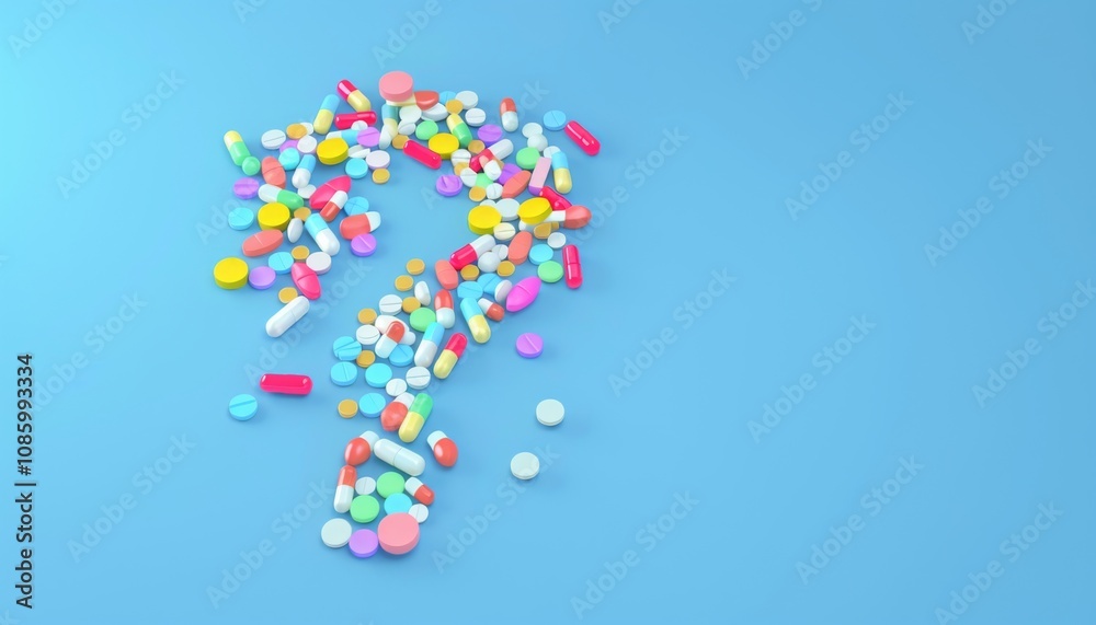 Vibrant Medications Arranged to Create Question Mark: 3D Rendering 