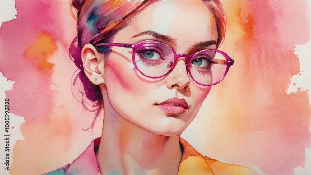 Obraz premium Portrait of a stylish woman with pink glasses, vibrant watercolor background, and expressive gaze.