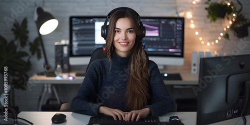 A modern creative professional sitting at a sleek, high-tech desk in a dimly lit studio, surrounded by multiple ultra-wide monitors displaying vibrant design elements and editing timelines. The worksp photo