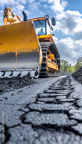 Bulldozer in action heavy machinery reshaping asphalt surfaces in construction and repair work